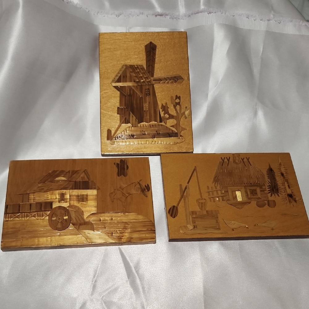 Vintage Stara Zagrida Handemade With Straw Wood Wall Plaues Set Of Three